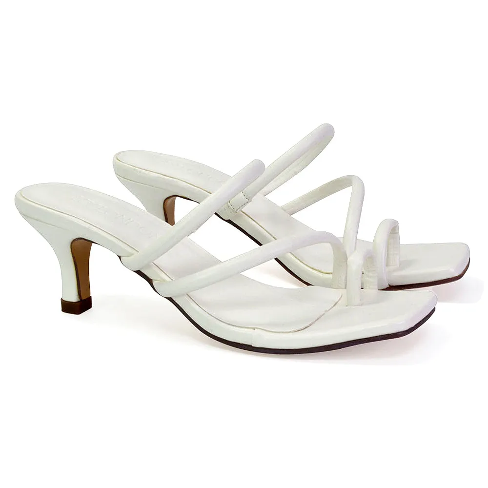 Prancy Toe Post Ring Strappy Square Toe Slip on Kitten Heel Mule Sandals in White