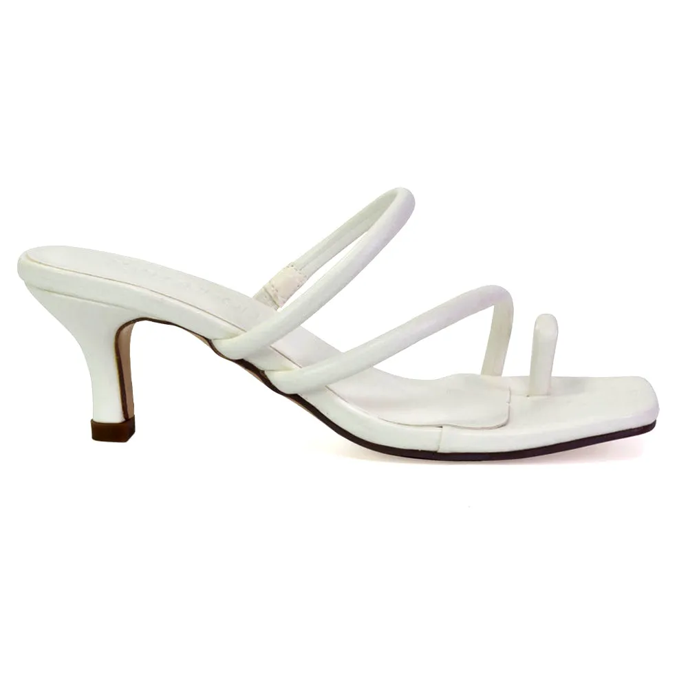 Prancy Toe Post Ring Strappy Square Toe Slip on Kitten Heel Mule Sandals in White