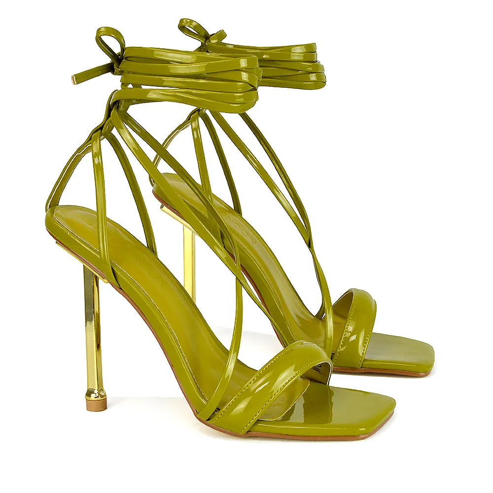 Rayne Lace Up Strappy Square Toe Metallic Stiletto High Heel Sandals in Green Patent