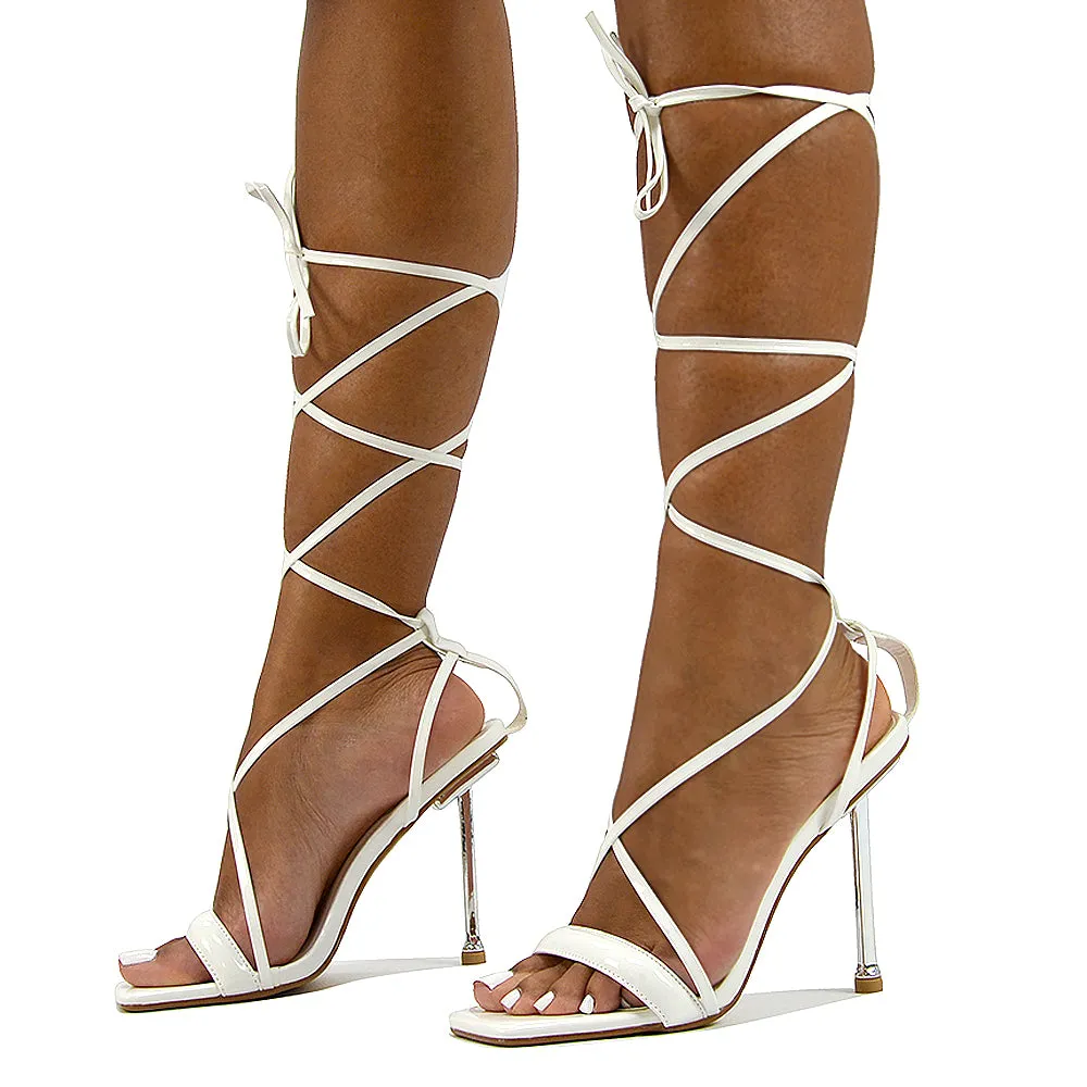 Rayne Lace Up Strappy Square Toe Metallic Stiletto High Heel Sandals in Green Patent