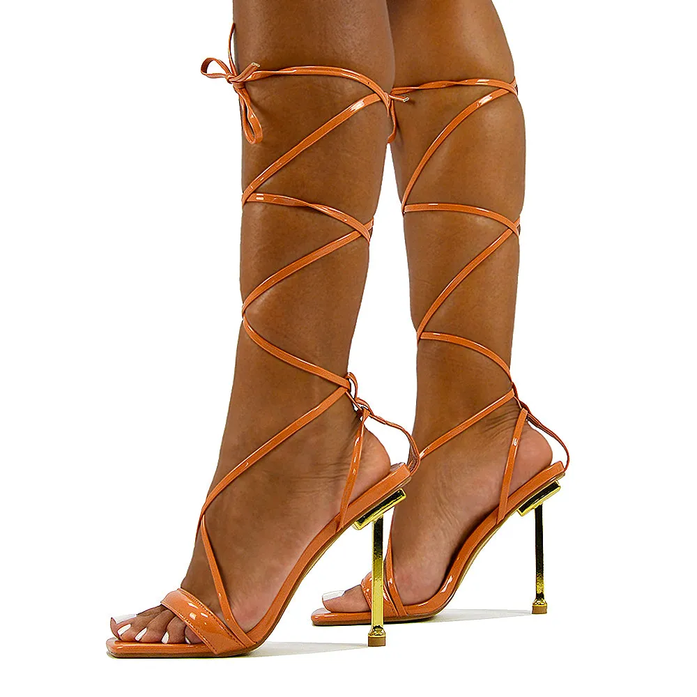 Rayne Lace Up Strappy Square Toe Metallic Stiletto High Heel Sandals in Green Patent