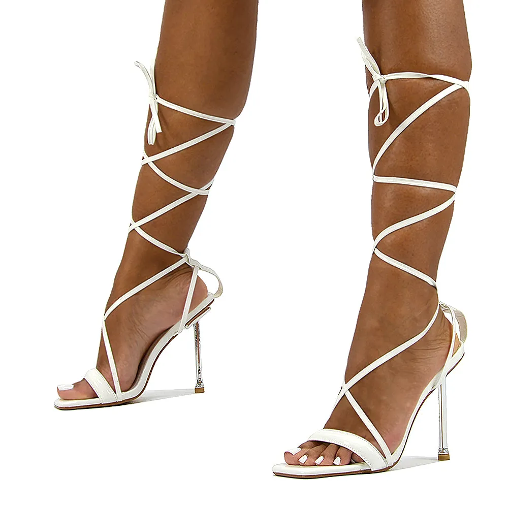 Rayne Lace Up Strappy Square Toe Metallic Stiletto High Heel Sandals in Green Patent