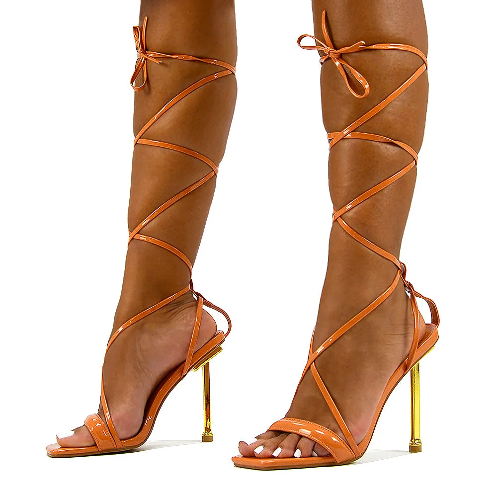 Rayne Lace Up Strappy Square Toe Metallic Stiletto High Heel Sandals in Green Patent