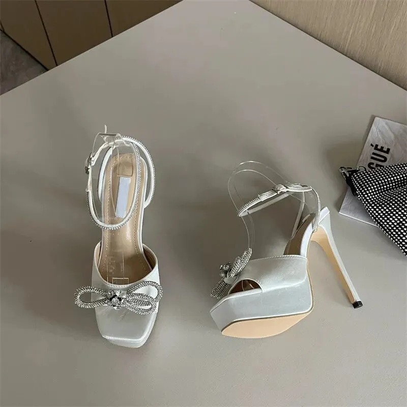 Rhinestone Bow Knot Crystal Ankle Strap Heels