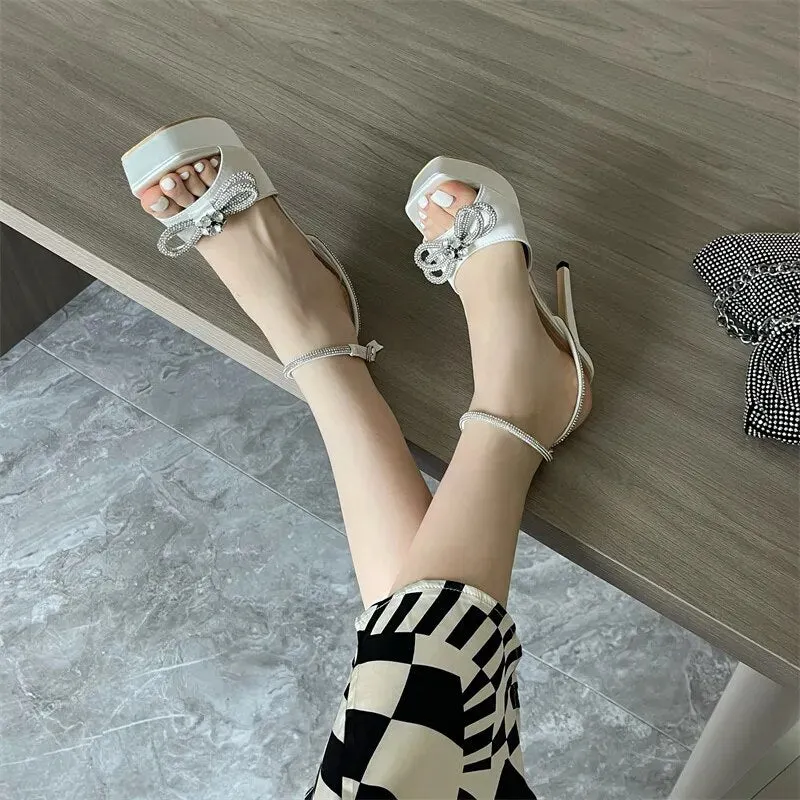 Rhinestone Bow Knot Crystal Ankle Strap Heels