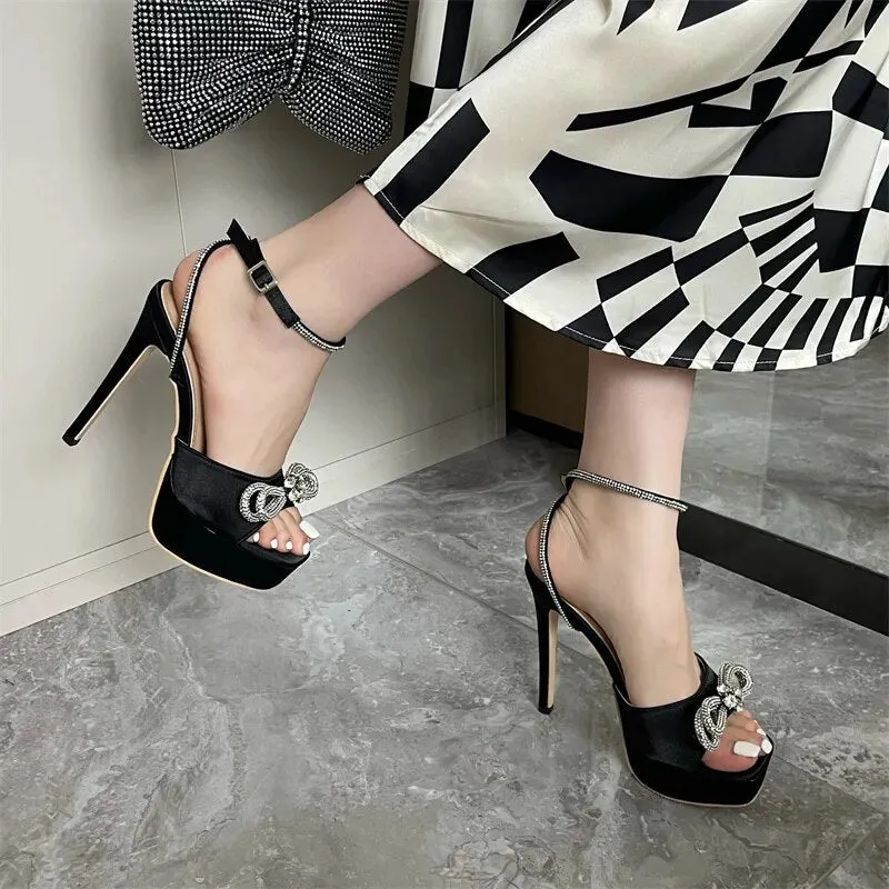 Rhinestone Bow Knot Crystal Ankle Strap Heels