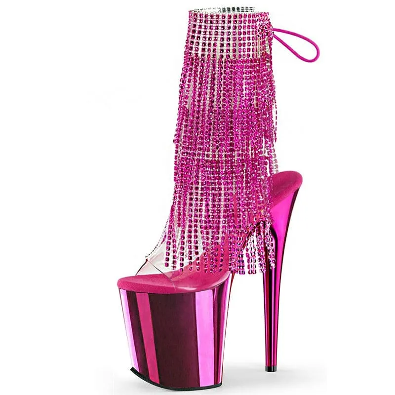 Rhinestone Tassel Peep Toe Stripper Heels in Pink and Gold