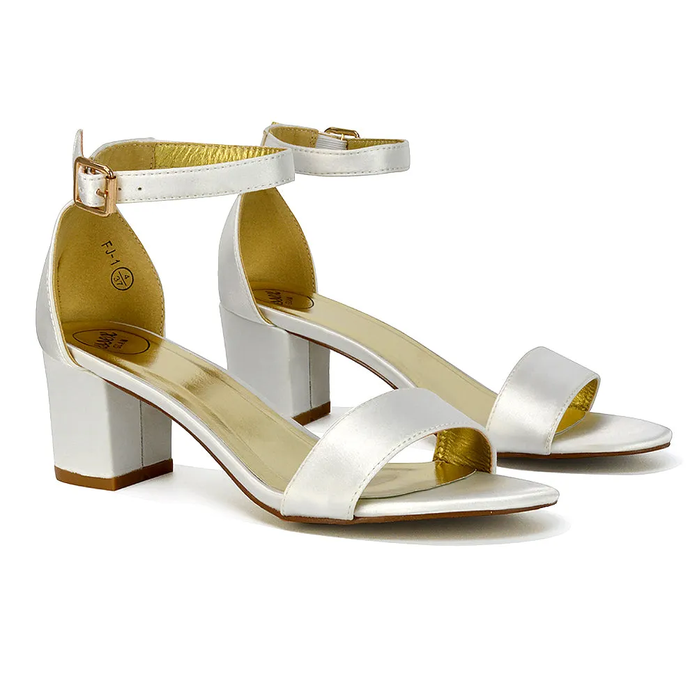 RITA BUCKLE UP ANKLE STRAP LOW MID-BLOCK HIGH HEEL SANDALS IN WHITE SATIN