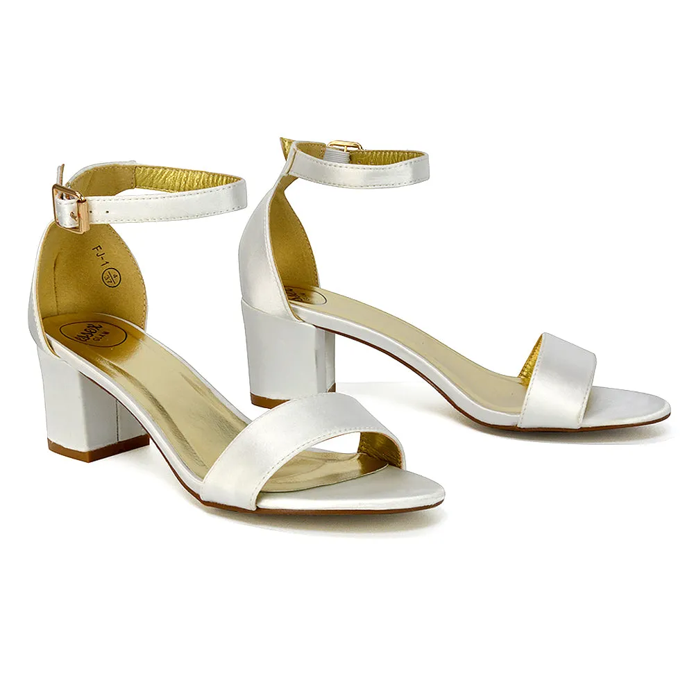 RITA BUCKLE UP ANKLE STRAP LOW MID-BLOCK HIGH HEEL SANDALS IN WHITE SATIN