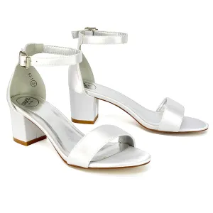 RITA BUCKLE UP ANKLE STRAP LOW MID-BLOCK HIGH HEEL SANDALS IN WHITE SATIN