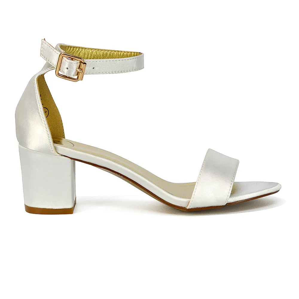 RITA BUCKLE UP ANKLE STRAP LOW MID-BLOCK HIGH HEEL SANDALS IN WHITE SATIN