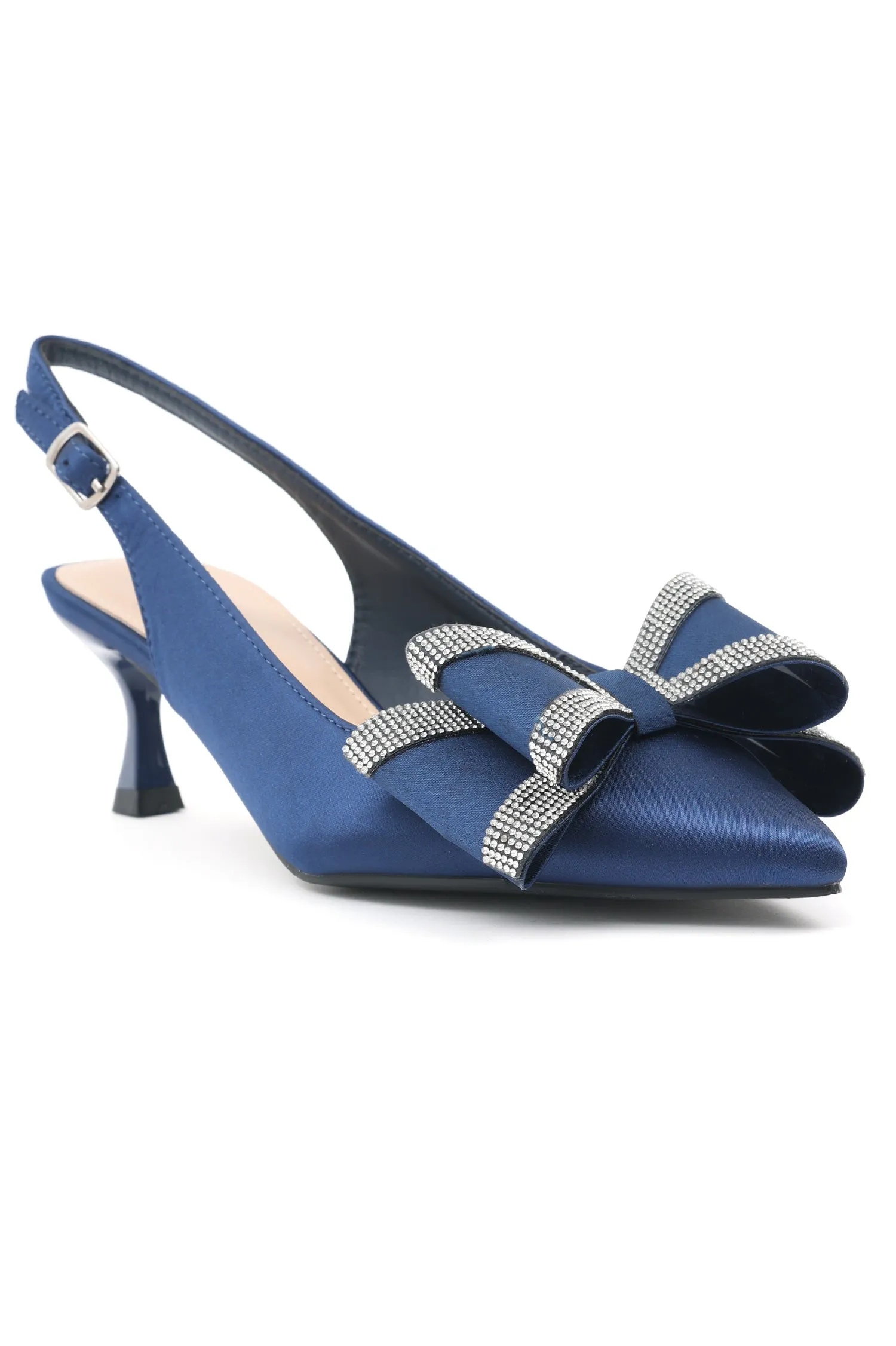 SATIN BOW SLINGBACK HEELS-NAVY