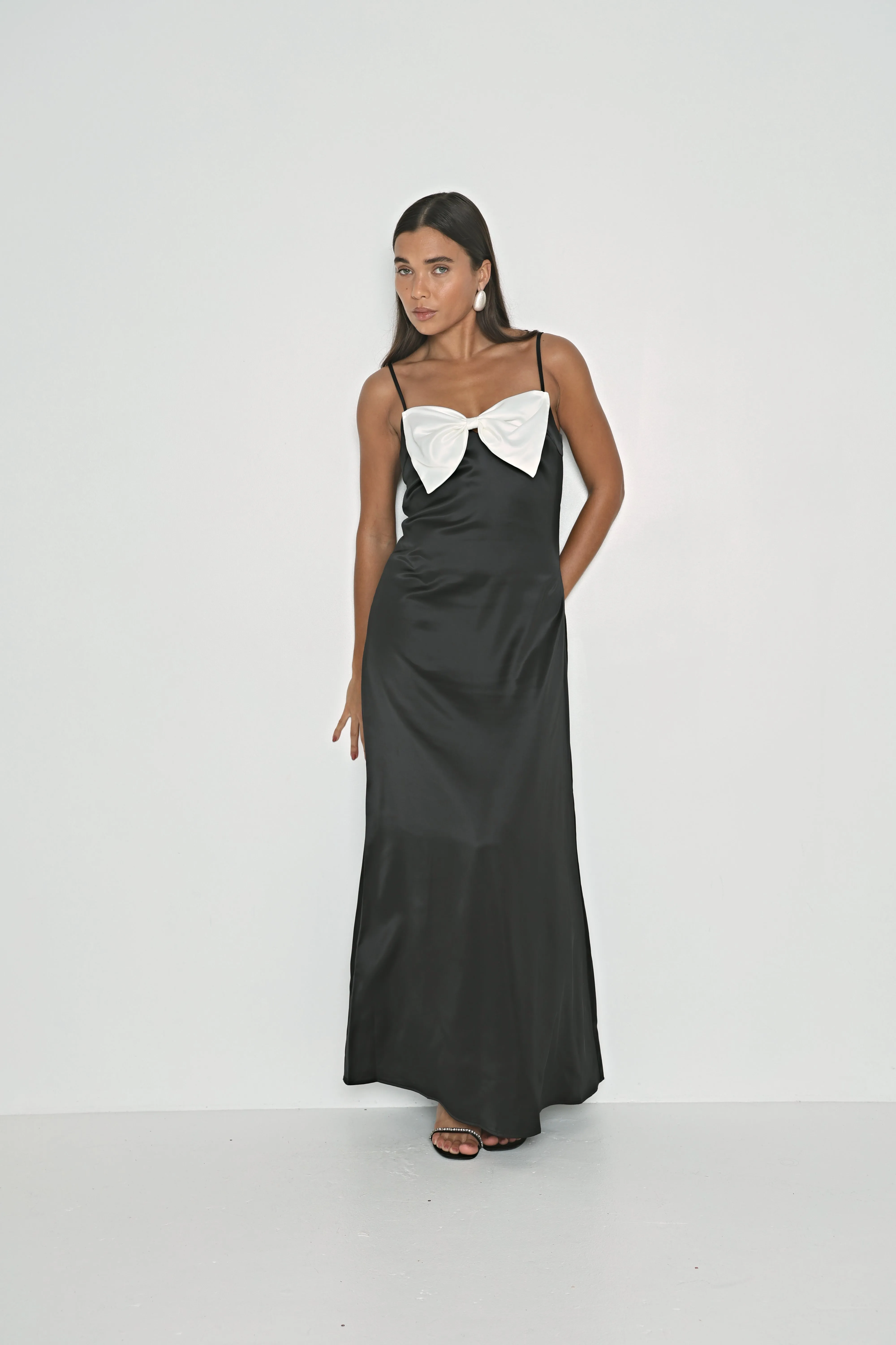 SATIN CONTRAST BOW DETAIL SLIP DRESS