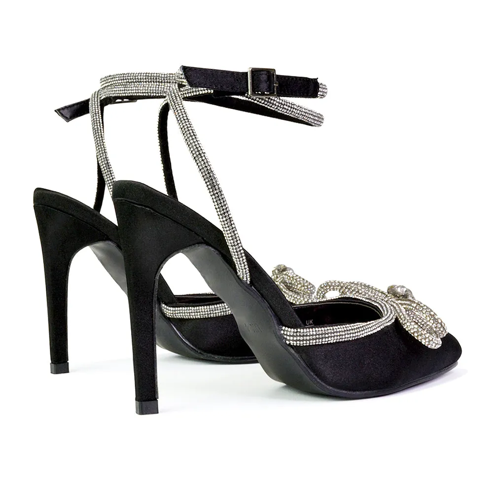 Saxon Strappy Stiletto High Heel Court Shoes With Diamante Bow in Black