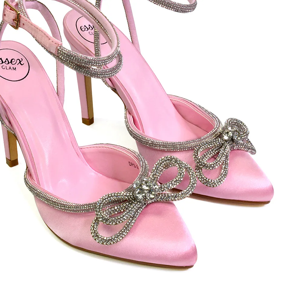 Saxon Strappy Stiletto High Heel Court Shoes With Diamante Bow in Pink