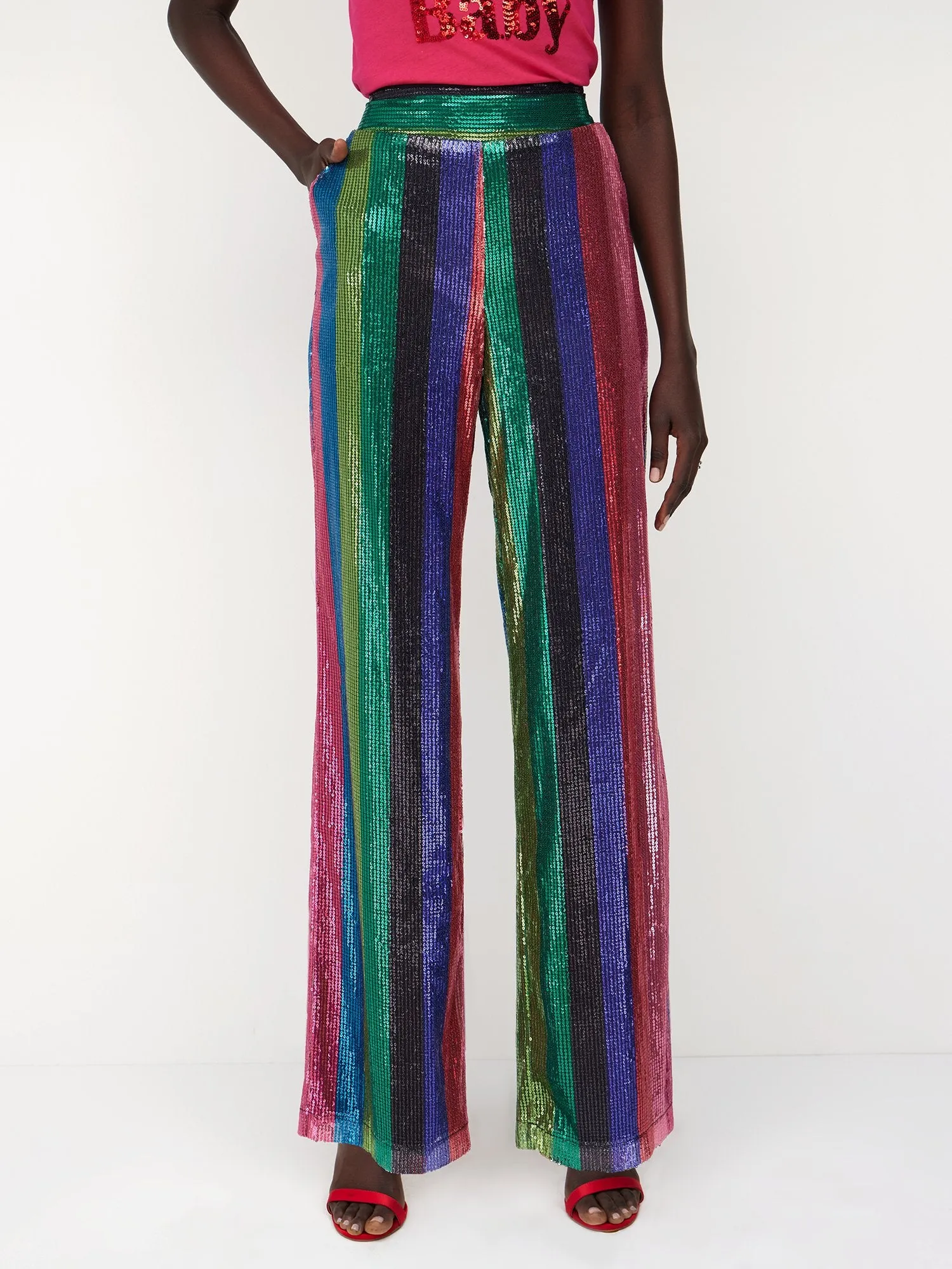 Sequin-Stripe High-Waisted Palazzo Pant