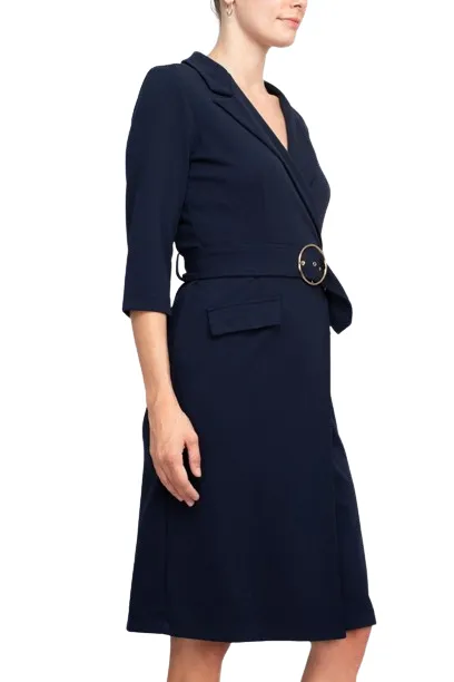 Sharagano Notched Collar 3/4 Sleeve Solid Belted Stretch Crepe Dress