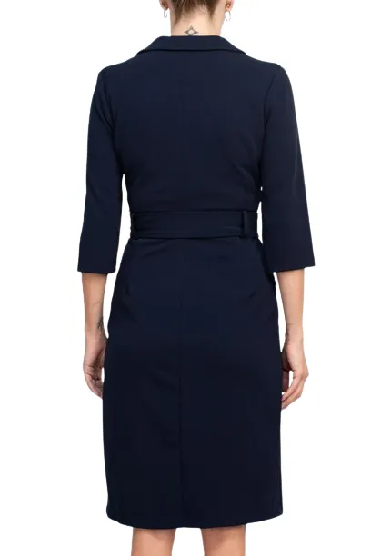 Sharagano Notched Collar 3/4 Sleeve Solid Belted Stretch Crepe Dress