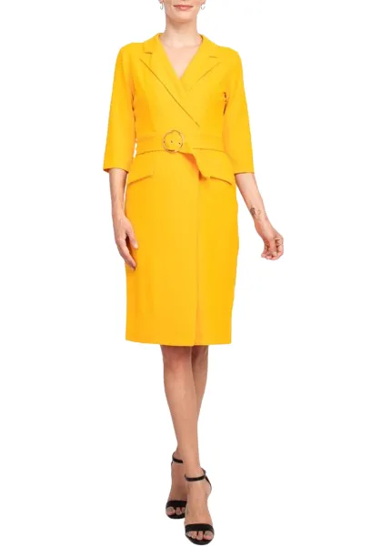 Sharagano Notched Collar 3/4 Sleeve Solid Belted Stretch Crepe Dress