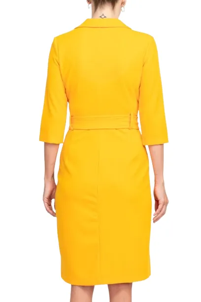 Sharagano Notched Collar 3/4 Sleeve Solid Belted Stretch Crepe Dress