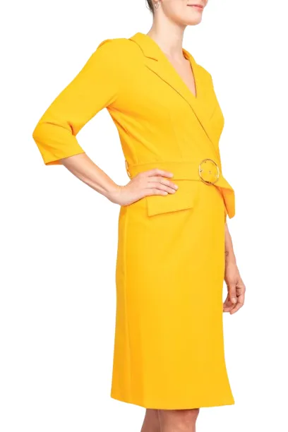 Sharagano Notched Collar 3/4 Sleeve Solid Belted Stretch Crepe Dress