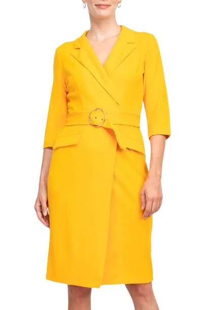 Sharagano Notched Collar 3/4 Sleeve Solid Belted Stretch Crepe Dress