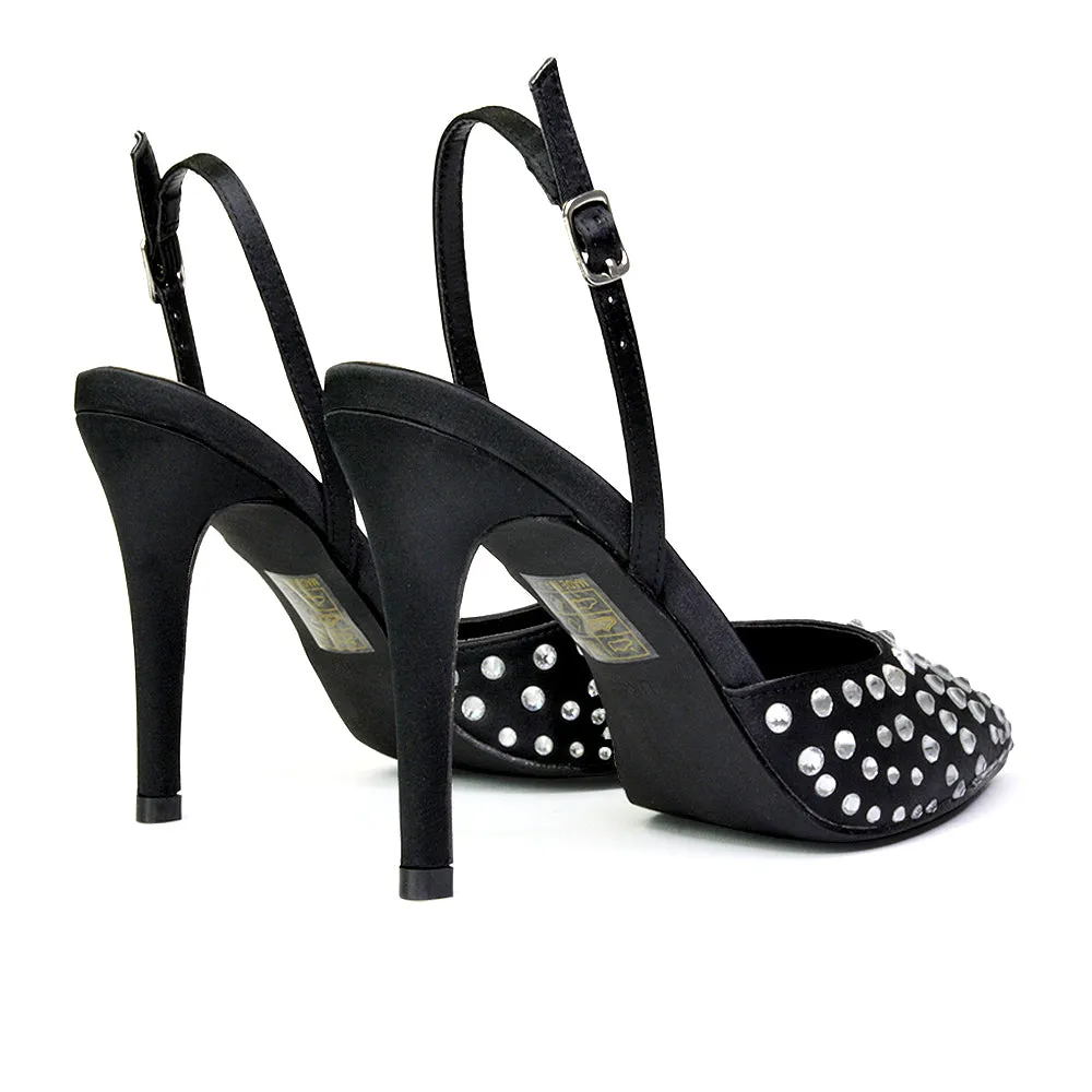 Shelly Strappy Slingback Pointed Toe Diamante Stiletto Bridal Heels in Black