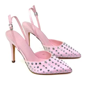 Shelly Strappy Slingback Pointed Toe Diamante Stiletto Bridal Heels in Pink