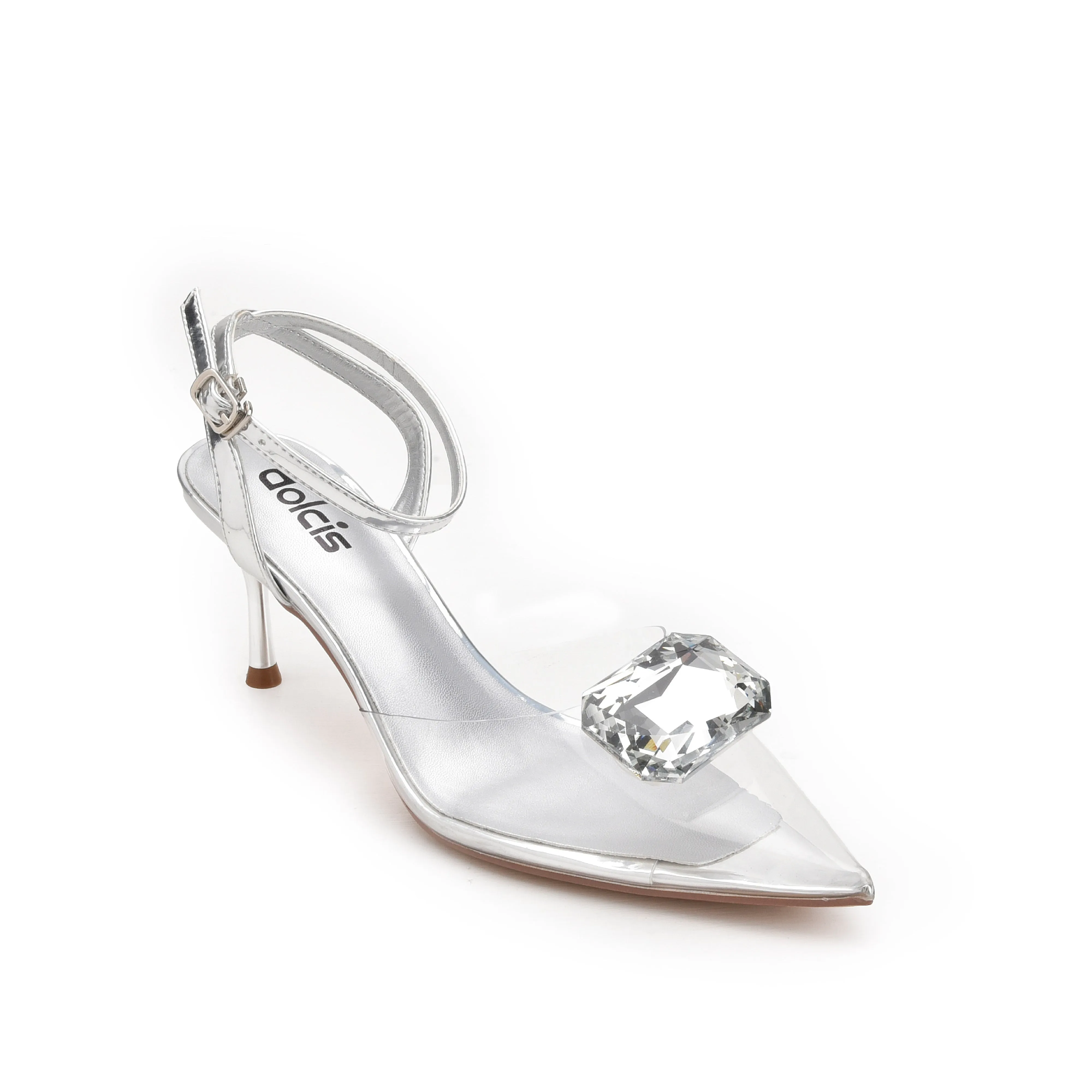 Sleek Silver Transparent Kitten Heel Sandals | 426N-S