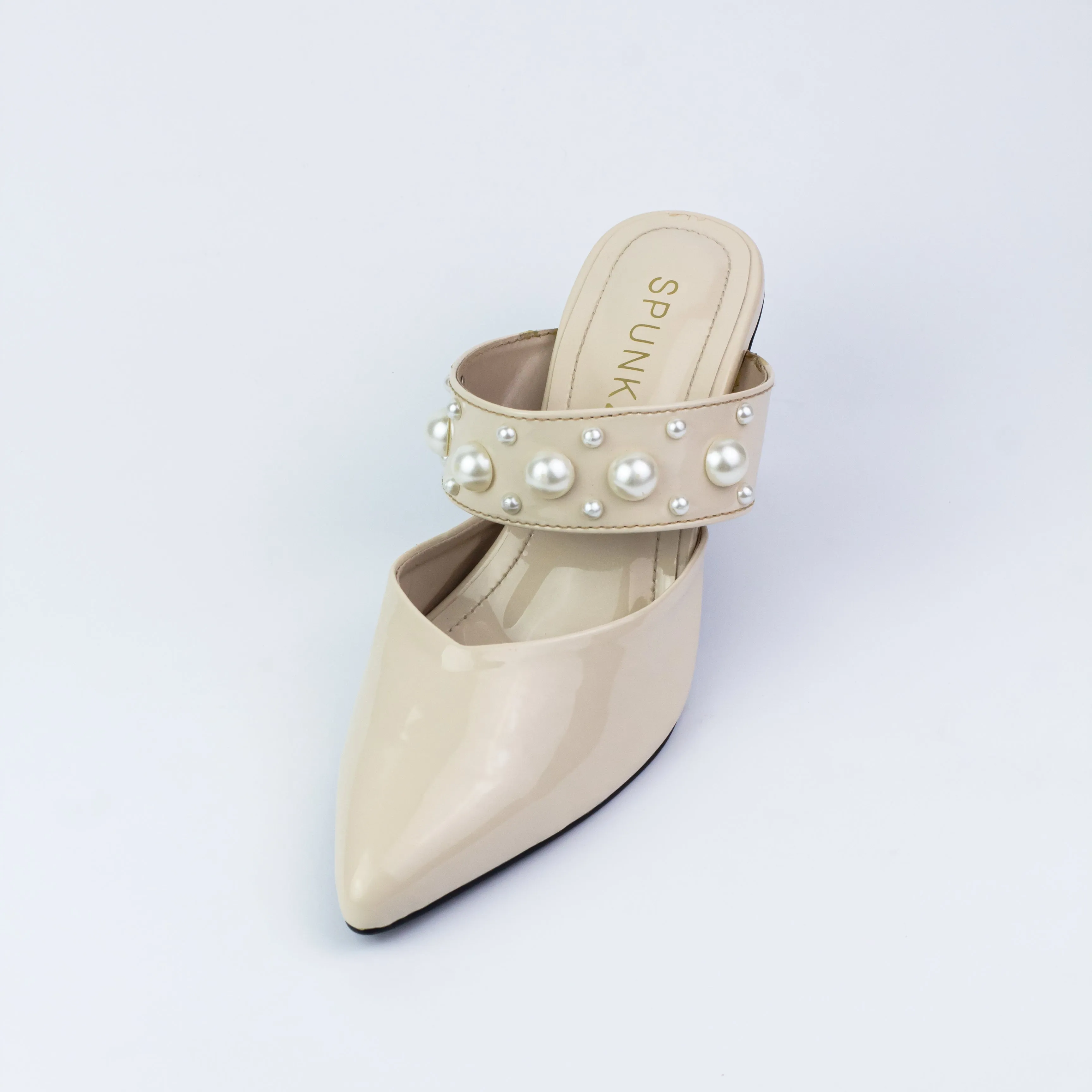 Spunkz Pearl Studded Decor Beige Heeled Mules