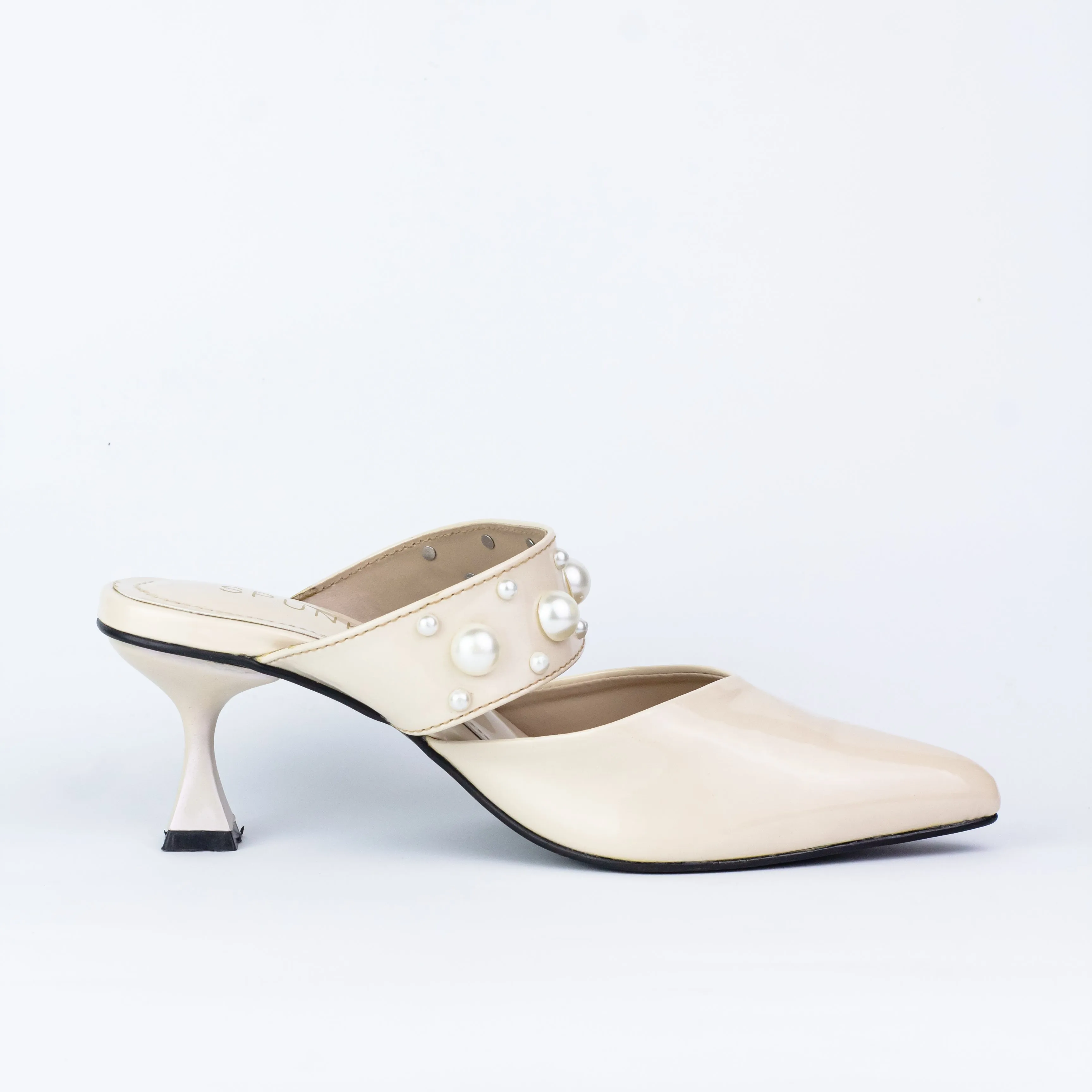 Spunkz Pearl Studded Decor Beige Heeled Mules