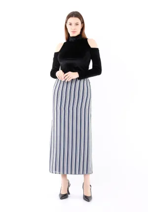 Striped Grey Maxi Pencil Skirt with White Thin Plisse Slit