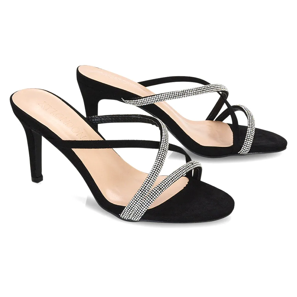 Teddie Diamante Cross Over Strappy Sandal Stiletto High Mule Heels in Rose Gold