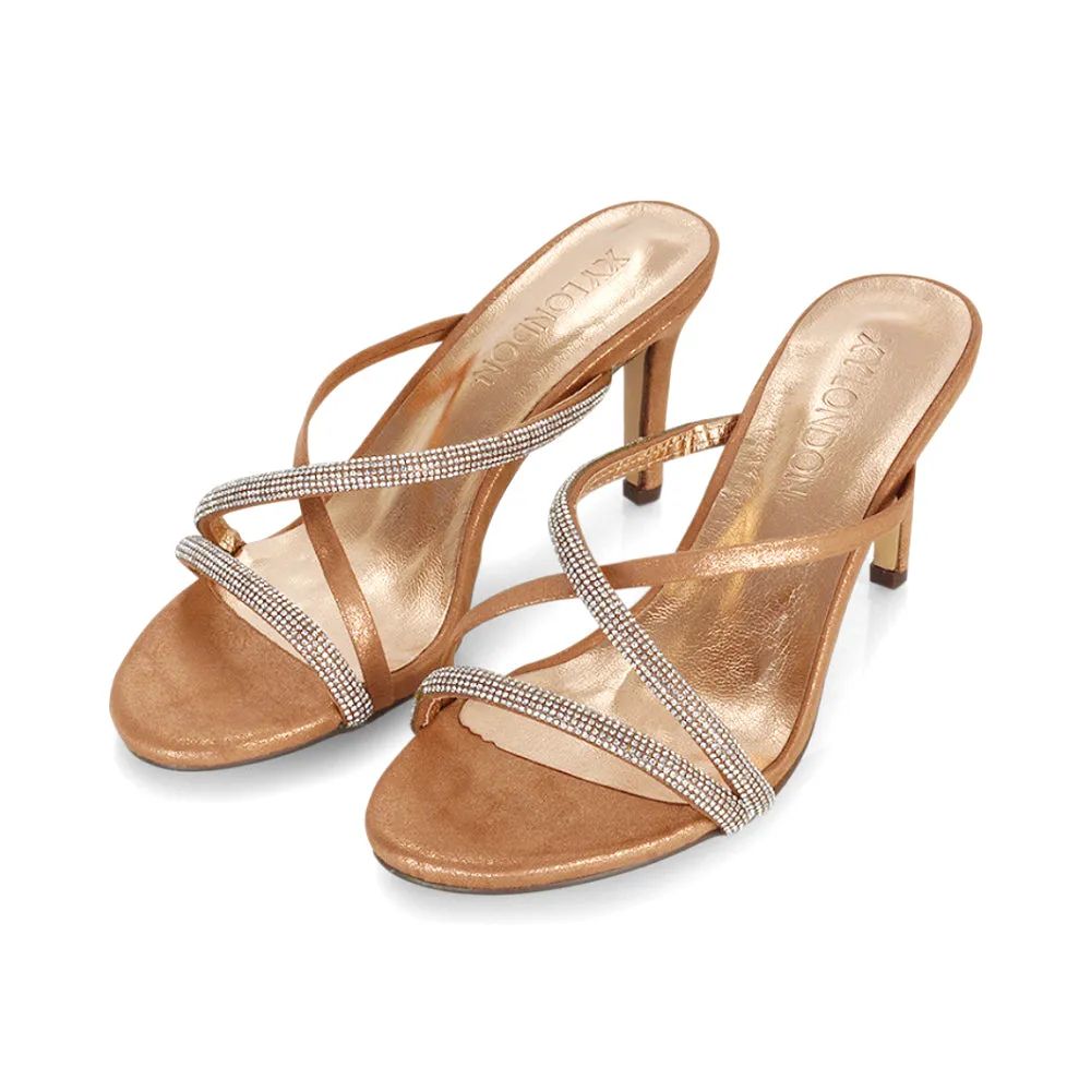 Teddie Diamante Cross Over Strappy Sandal Stiletto High Mule Heels in Rose Gold