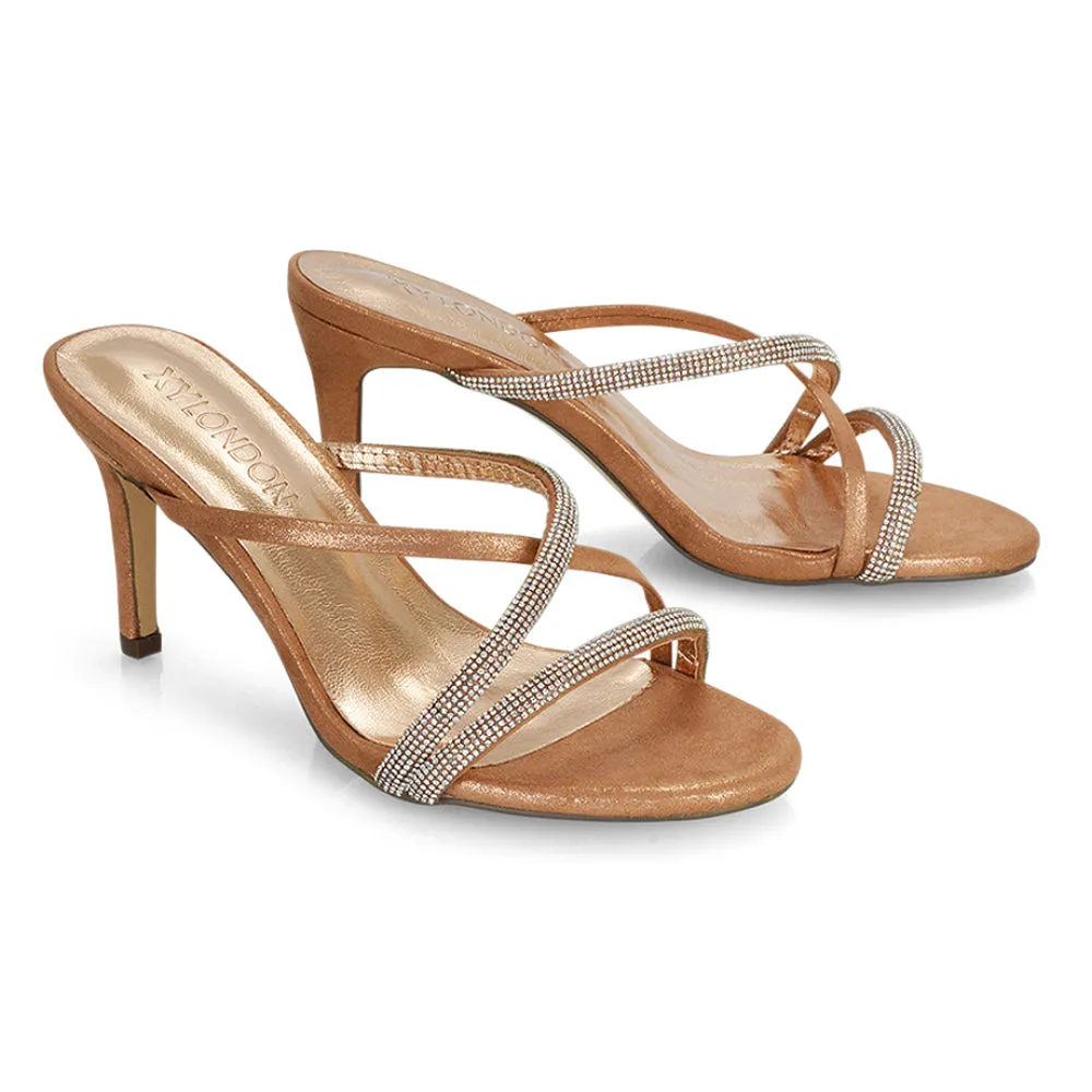 Teddie Diamante Cross Over Strappy Sandal Stiletto High Mule Heels in Rose Gold