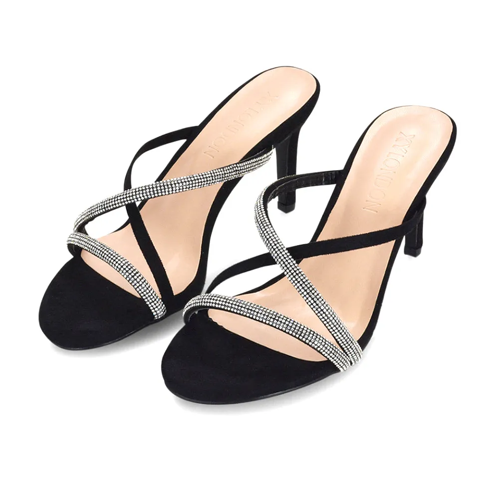 Teddie Diamante Cross Over Strappy Sandal Stiletto High Mule Heels in Rose Gold