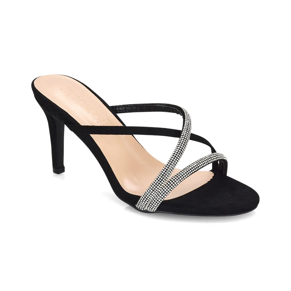 Teddie Diamante Cross Over Strappy Sandal Stiletto High Mule Heels in Rose Gold