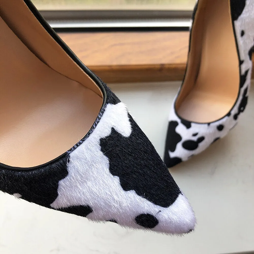 Tikicup Cow Print Women White Hairy Flock Pointy Toe High Heel Shoes Sexy Celebrity Ladies Slip On Stiletto Pumps for Party