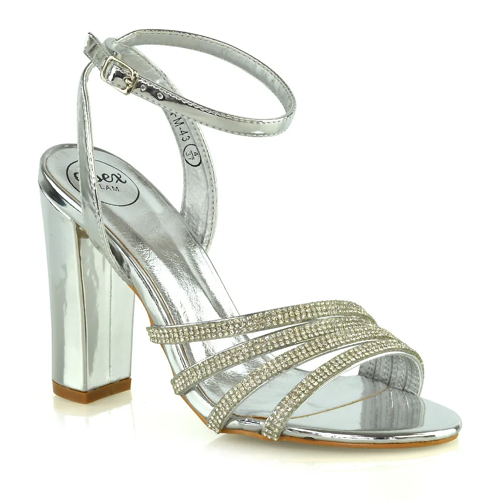 Tori Diamante Detailed Strappy Sparkly Block High Heel Sandals in Pewter