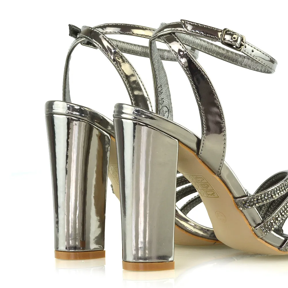 Tori Diamante Detailed Strappy Sparkly Block High Heel Sandals in Pewter