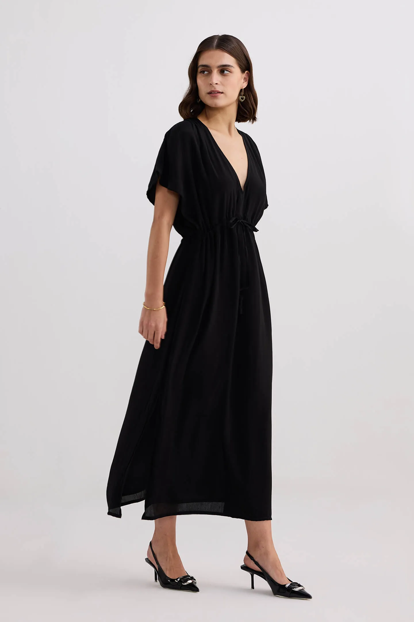 V-neck Gathered Maxi Dress in Black