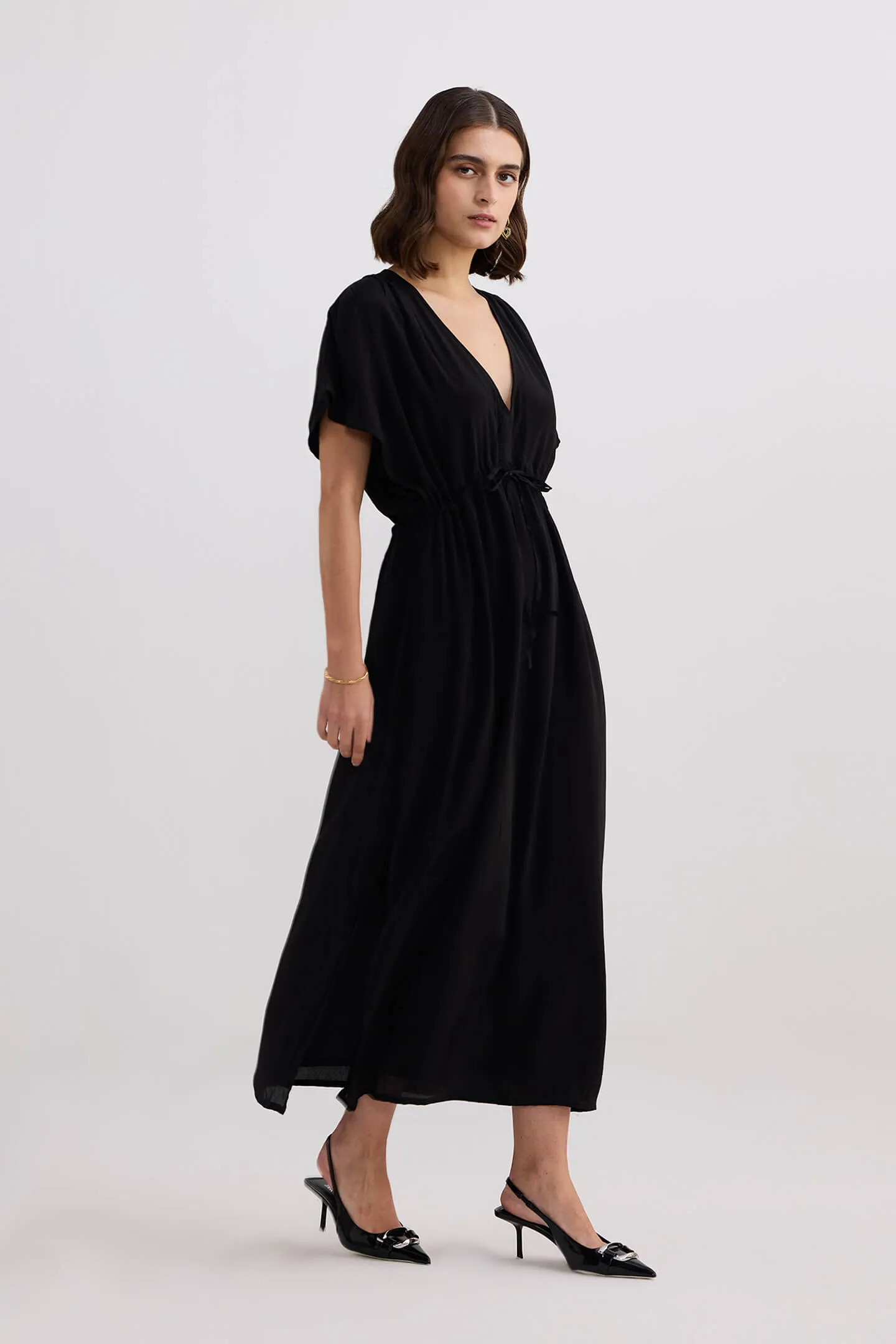 V-neck Gathered Maxi Dress in Black