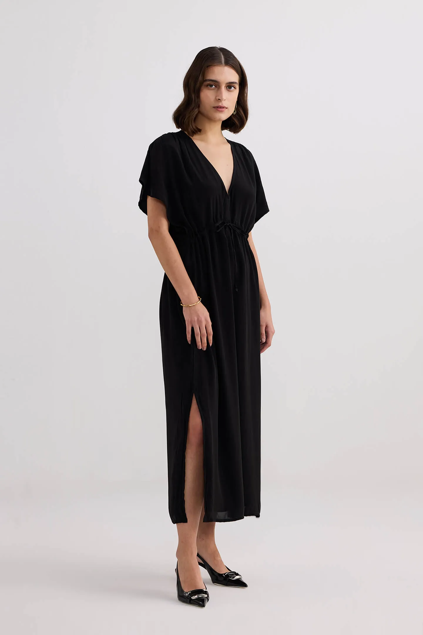 V-neck Gathered Maxi Dress in Black