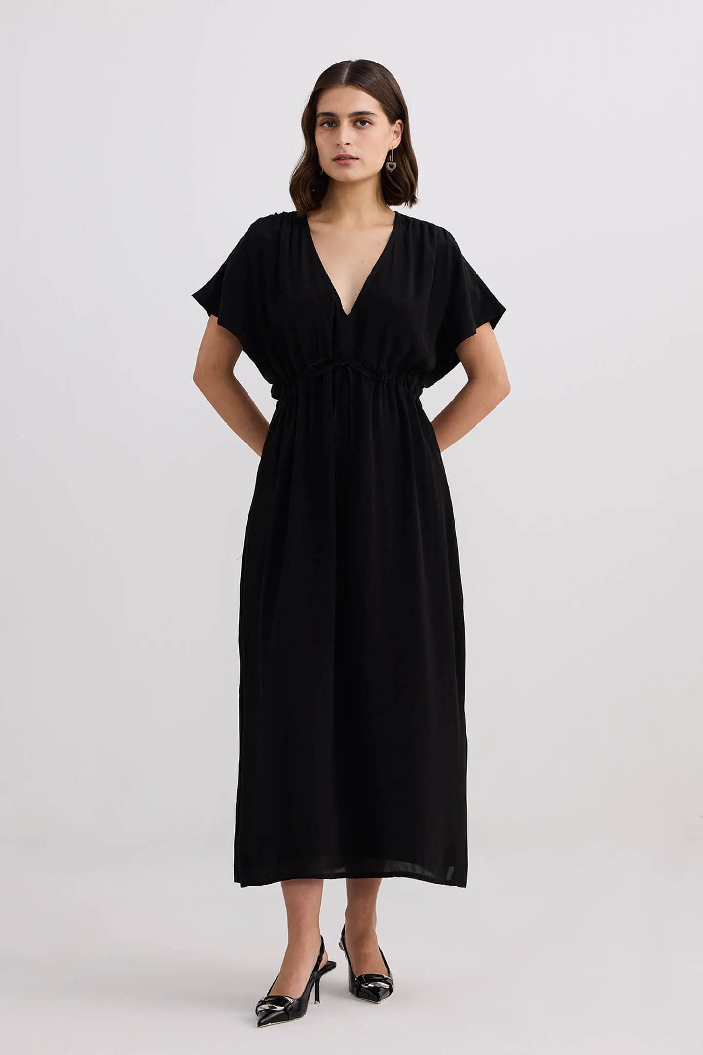 V-neck Gathered Maxi Dress in Black