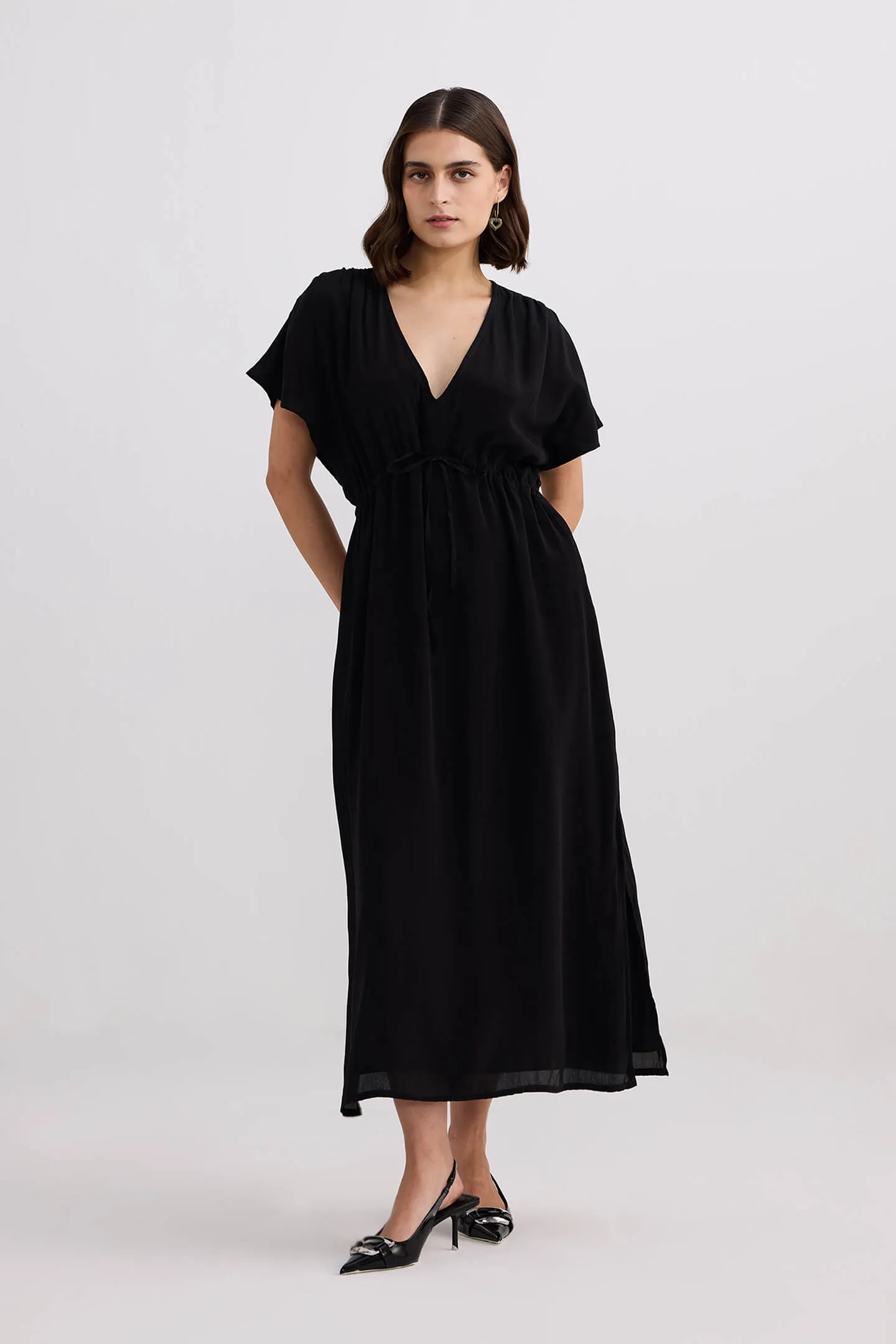 V-neck Gathered Maxi Dress in Black