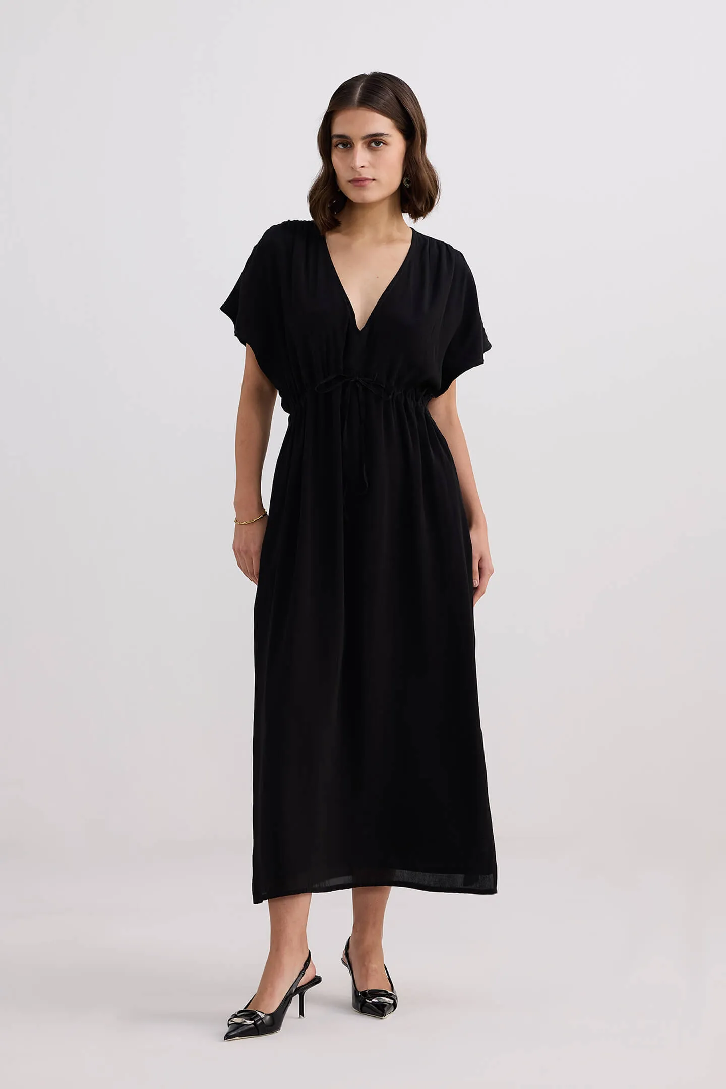 V-neck Gathered Maxi Dress in Black