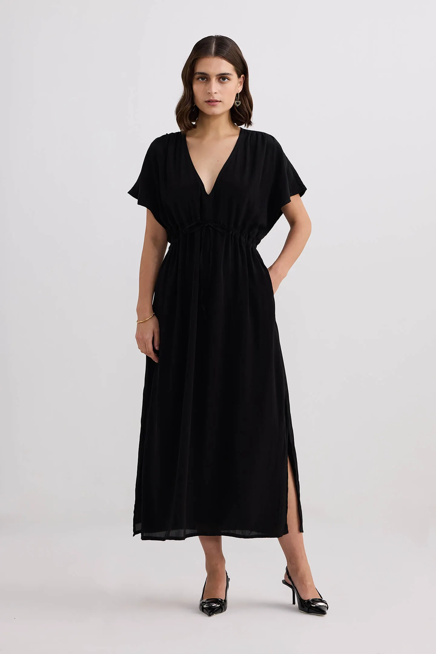 V-neck Gathered Maxi Dress in Black