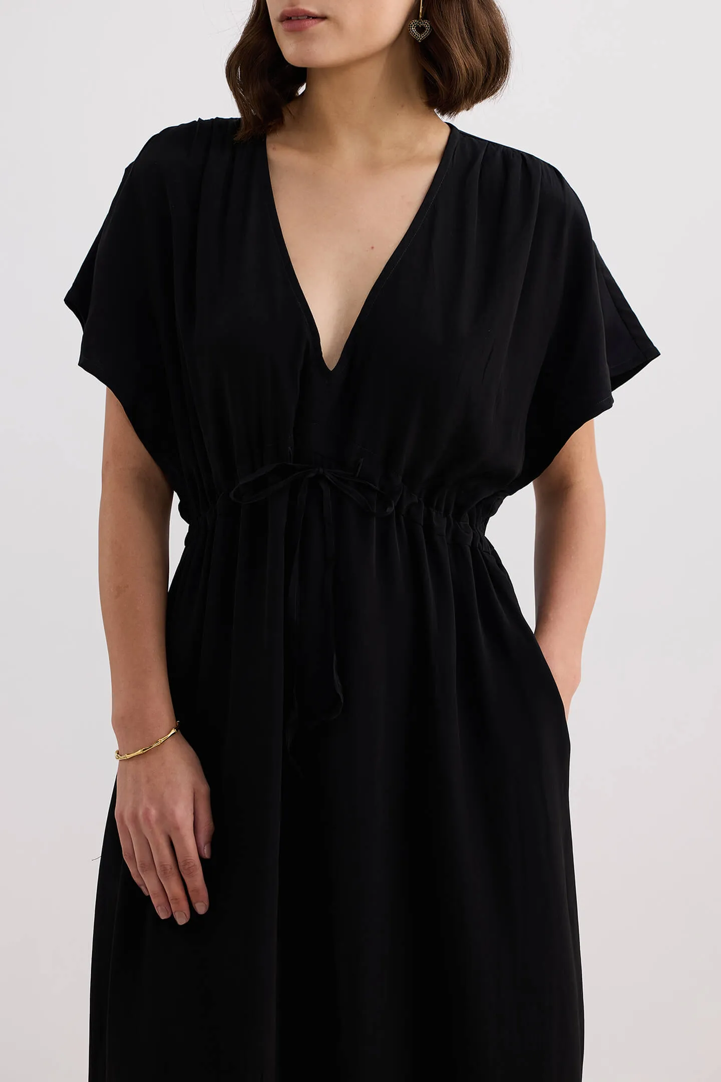 V-neck Gathered Maxi Dress in Black