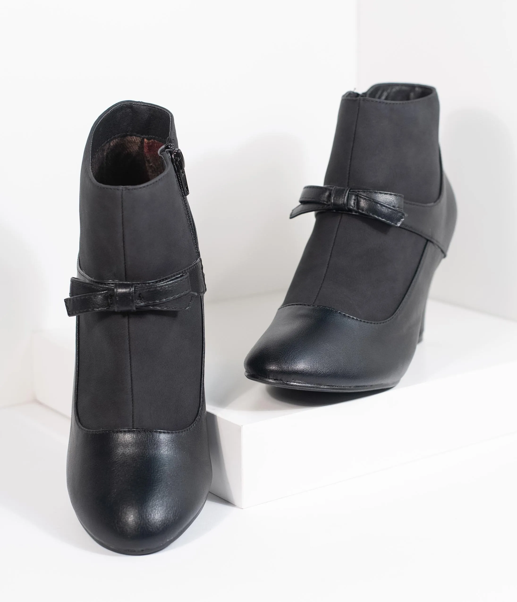 Vintage Style Black Leatherette Bow Heel Booties