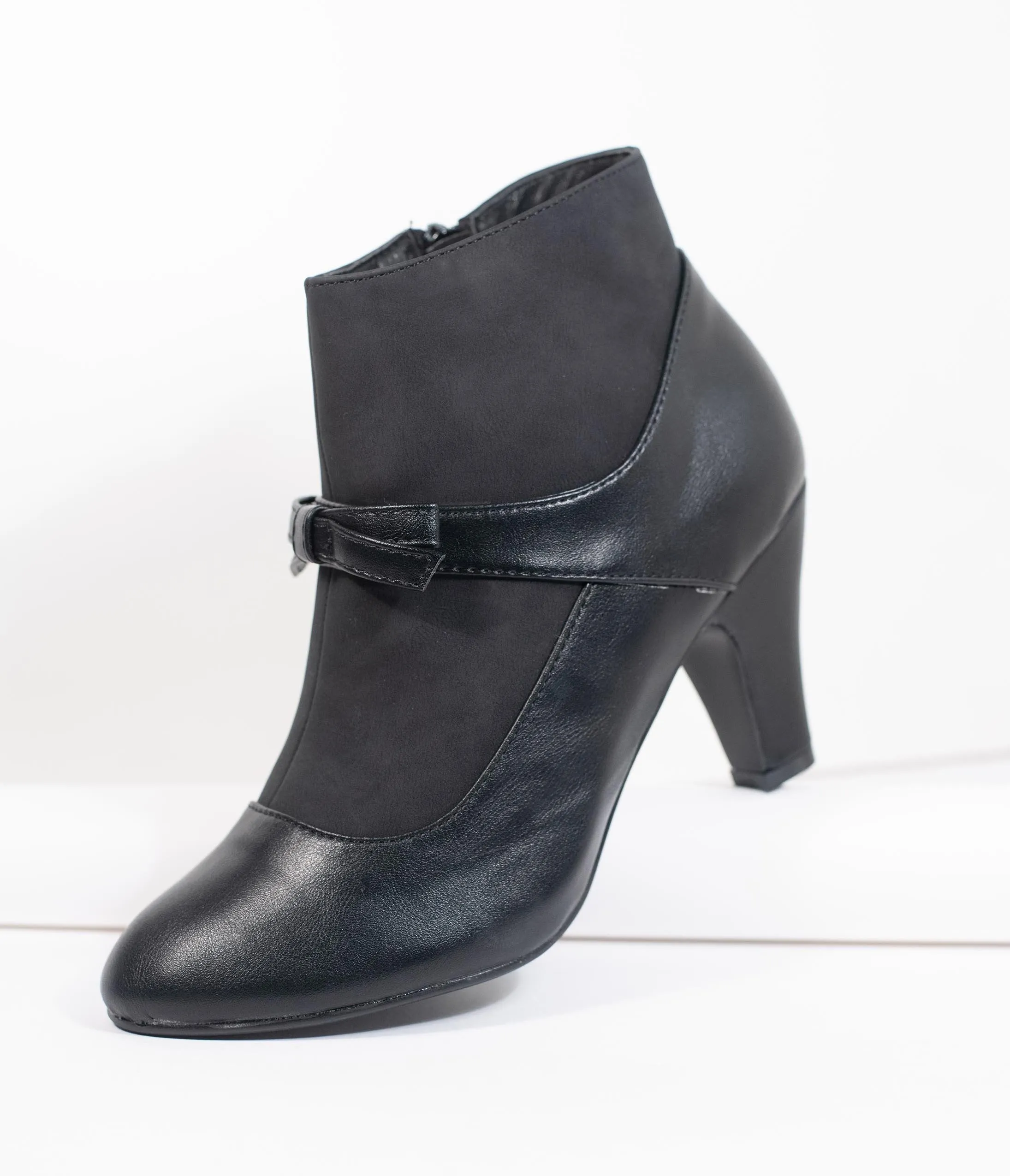 Vintage Style Black Leatherette Bow Heel Booties